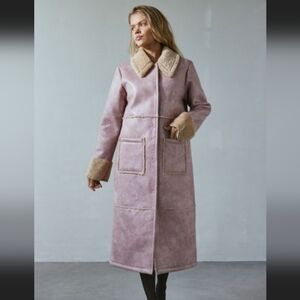Women's Pink Faux Fur Trim Longline Coat